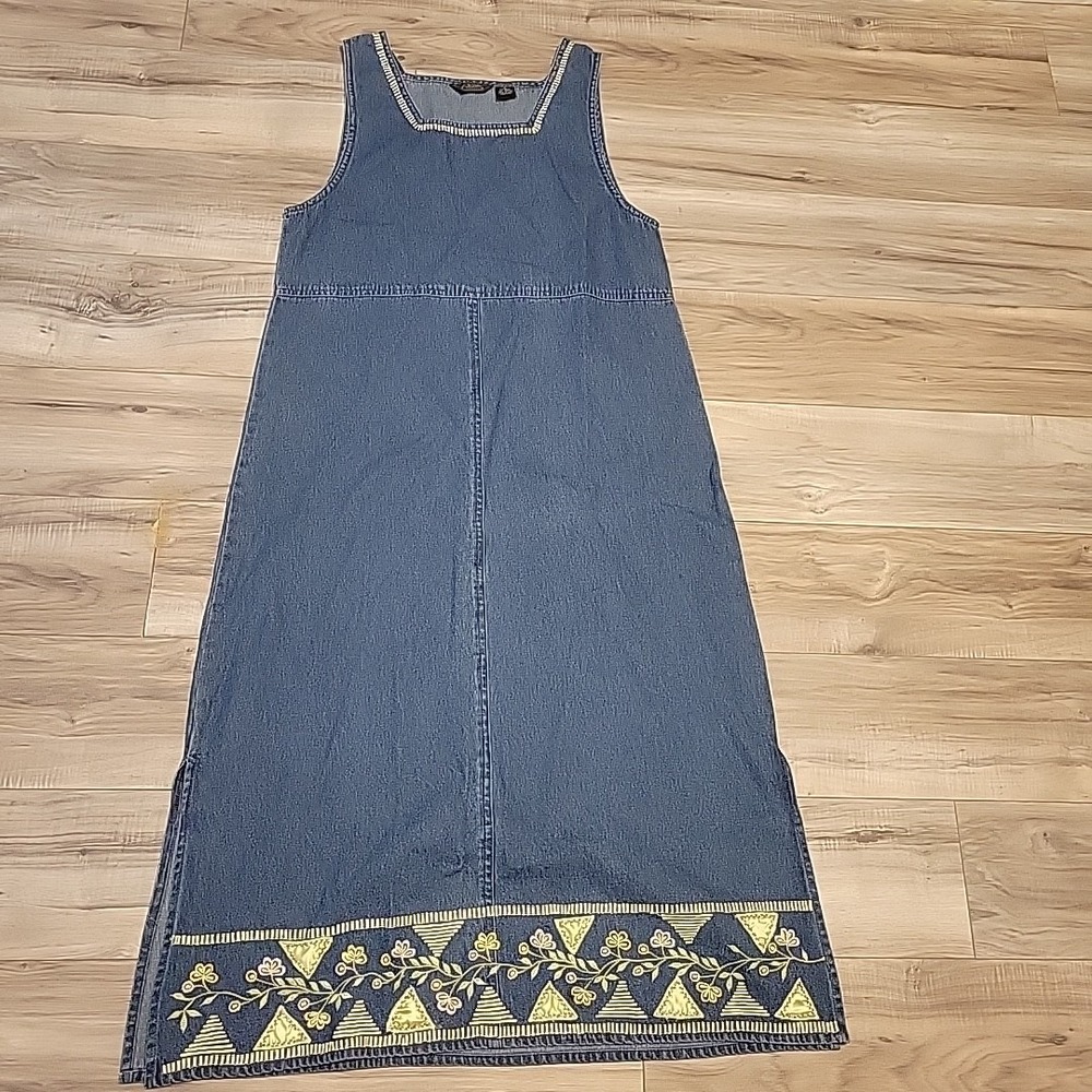 Vintage Agapo Denim Dress Medium Blue Jean Maxi Flowers Embroidered Sleeveless